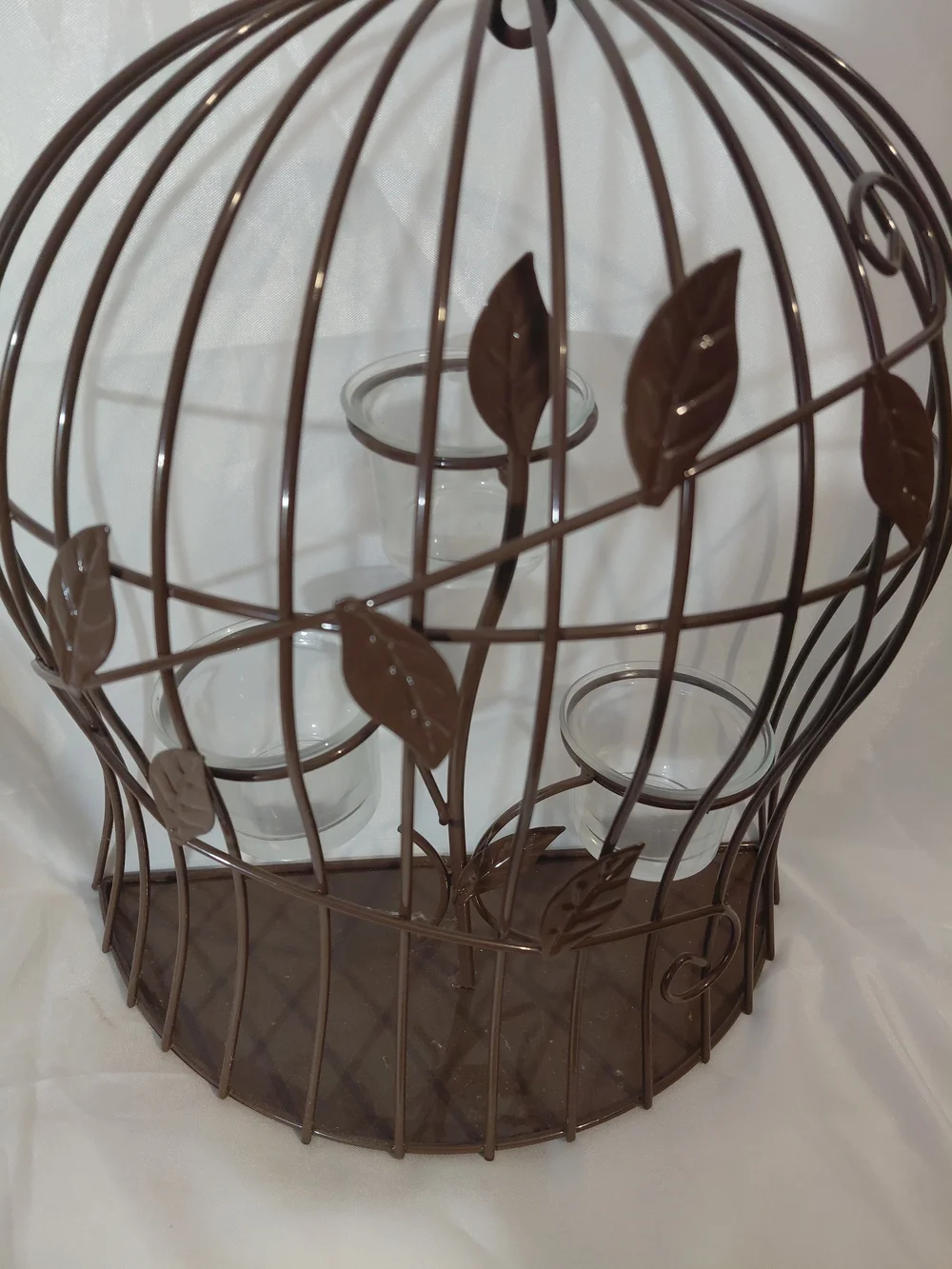 Decorative Brown Metal Birdcage Wall Shelf with Leaf Motif
